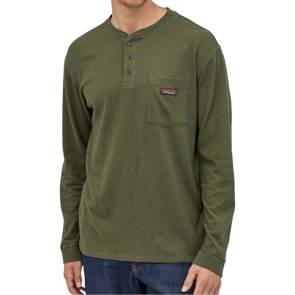 PATAGONIA Industrial Green Long Sleeved Work Henley Pocket Tee Shirt 53390
